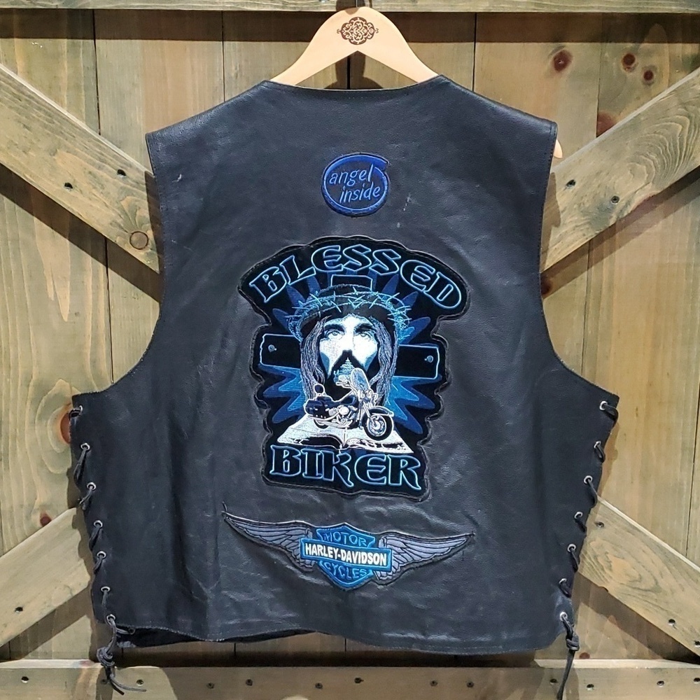 Black Leather Vest MOTO IRON HORSE BLESSED BIKER LACED CHRISTIAN Savior  JESUS